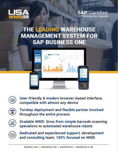 LISA WMS brochure cover with background image of a warehouse, LISA WMS dashboards and bullet points